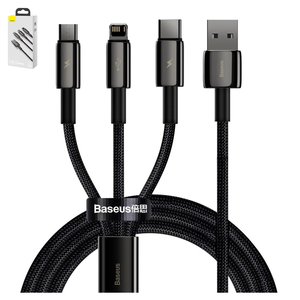 USB кабель Baseus Tungsten Gold, USB тип C, USB тип A, micro USB тип B, Lightning, 150 см, 3,5 А, черный, 3 в 1, #CAMLTWJ 01