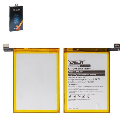 Battery Deji BLP851 compatible with Oppo A74, Li ion, 3.87 V, 5000 mAh 