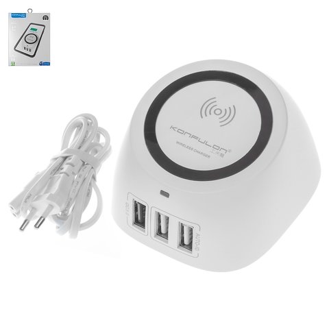 Wireless Charger Konfulon C51Q, Quick Charge, USB outputs 5V 3A 9V 2A 12V 1,5A, output 5V 1A, 220 V, 2 USB outputs 5V 2.4A , white 