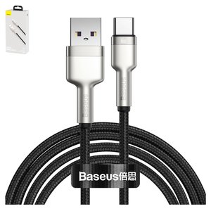 USB кабель Baseus Cafule Series Metal, USB тип C, USB тип A, 200 см, 66 Вт, 6 А, чорний, сріблястий, в нейлоновому обплетенні, #CAKF000201