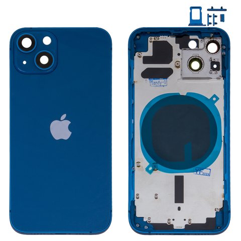 Корпус для iPhone 13, синий, с держателем SIM карты, с боковыми кнопками, blue