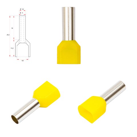 Наконечник TE6014, для 2х проводов, трубчастый, изолированный, желтый, 10 шт., 6 мм², 14 мм