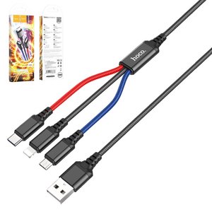 USB кабель Hoco X76, USB тип C, USB тип A, micro USB тип B, Lightning, 100 см, 2 A, чорний, червоний, синій, 3 в 1, #6931474768636